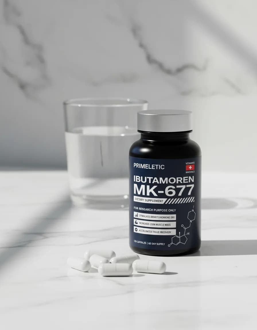 Primeletic MK-677 bottle with capsules on a bright counter