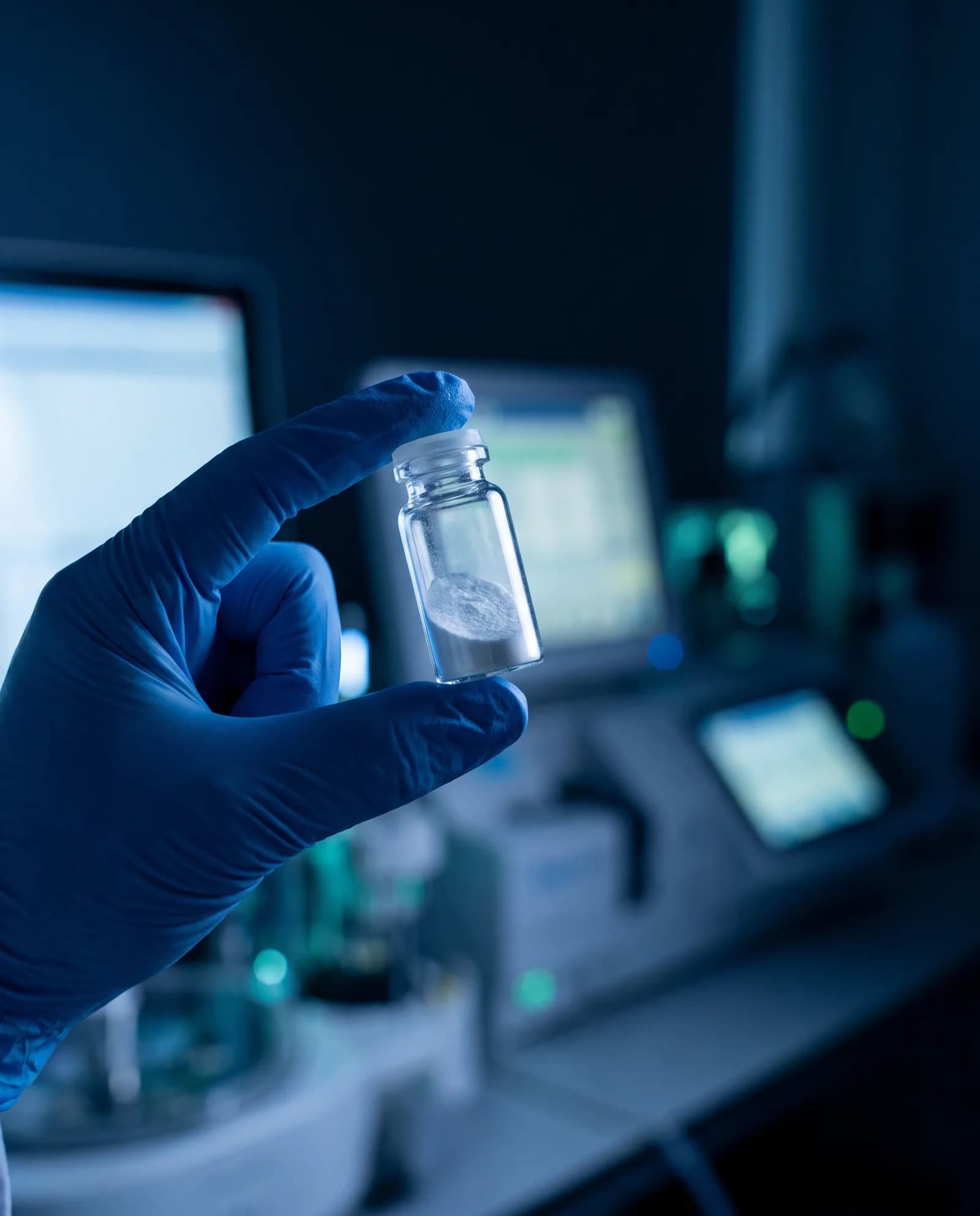 Gloved hand holding a sample vial during batch testing
