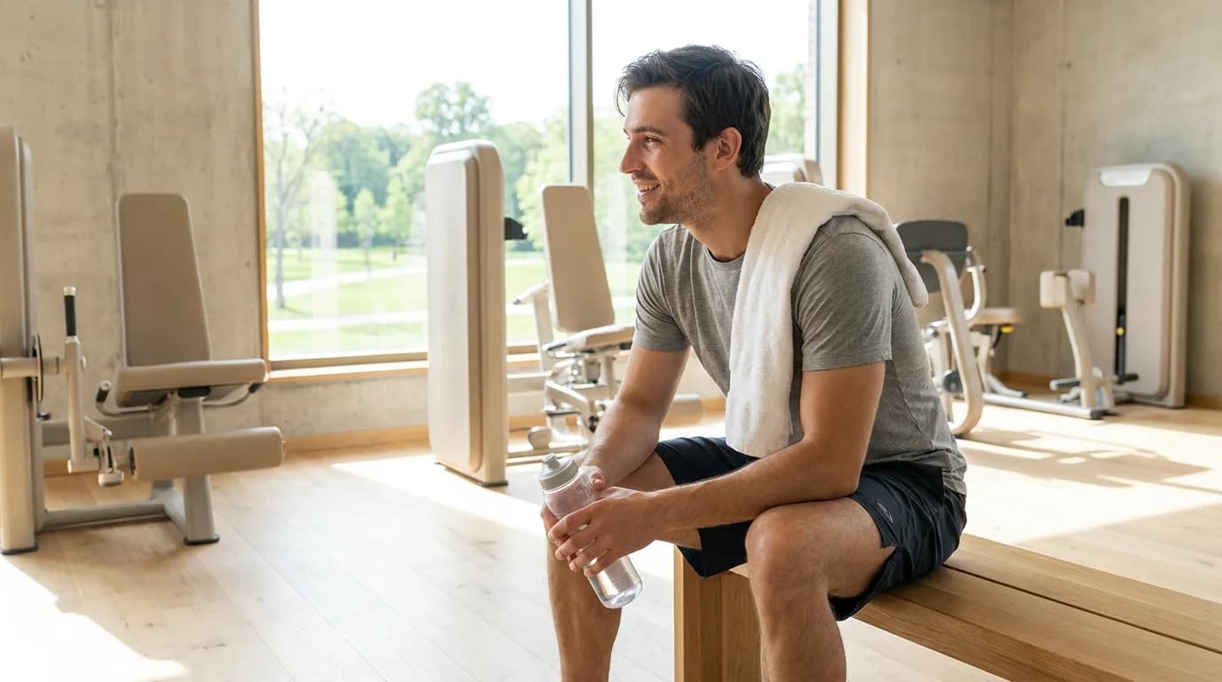Athlete resting between sets in a bright gym