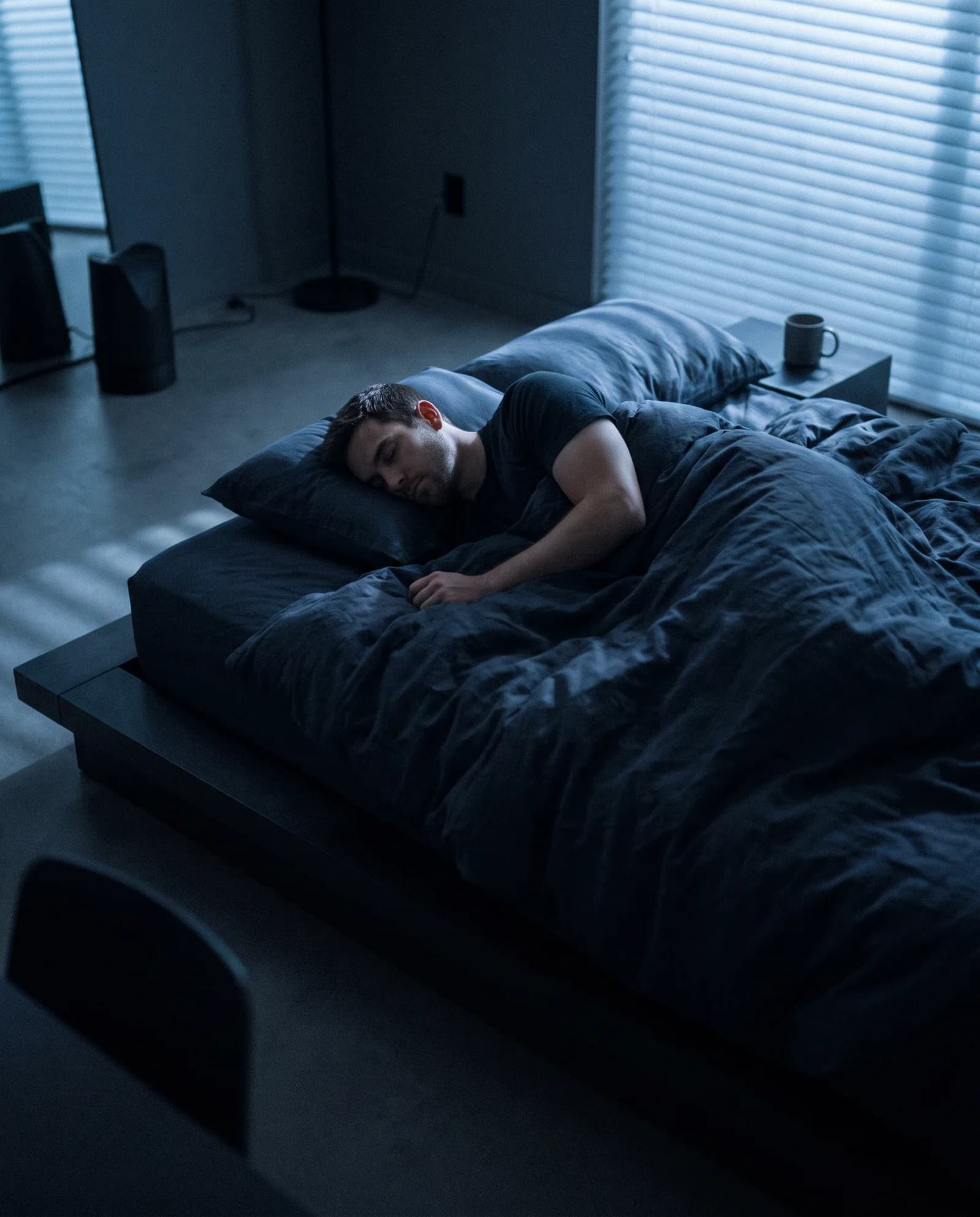 Athlete at rest in a dark room, recovery setting